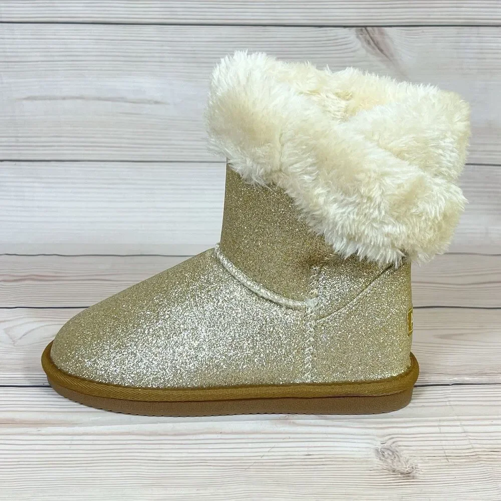 Lamo APRES Youth Winter Boots Girls 2Y Glitter Gold Slip-On Faux Fur Wrap Cuff